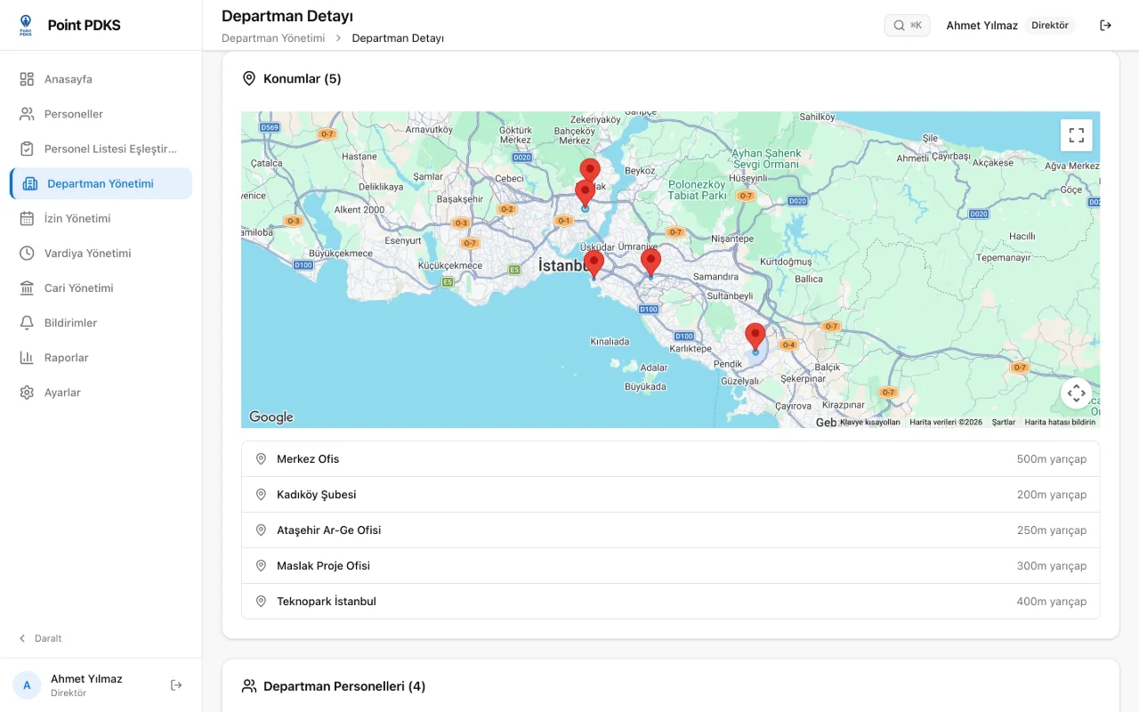 Departman konum ayarı — harita üzerinde geofence yarıçapı