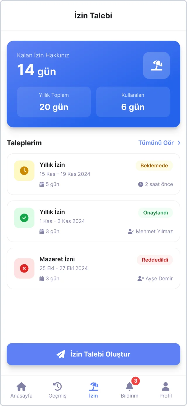 Point PDKS mobil uygulaması — izin talepleri ekranı
